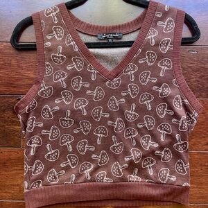 Mixed Threads Mushroom Print V-Neck Sweater Vest- Brown